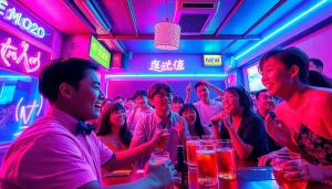 다채로운 조명과 활기찬 손님이 있는 제주도유흥 노래방 장면