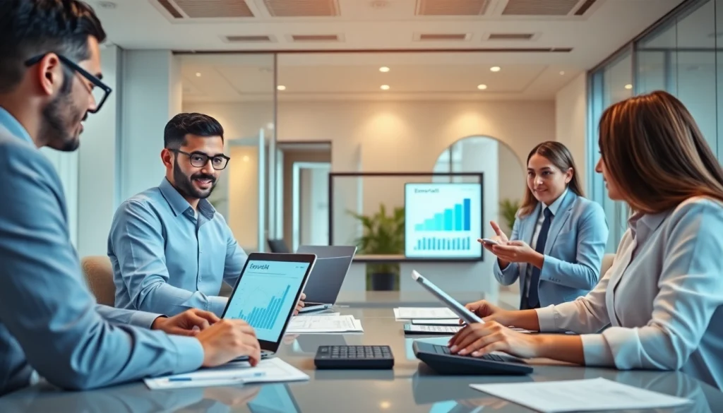 Corporate Tax Return Filing in UAE: Business professionals collaborating over tax documents in a modern office.