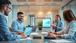 Corporate Tax Return Filing in UAE: Business professionals collaborating over tax documents in a modern office.