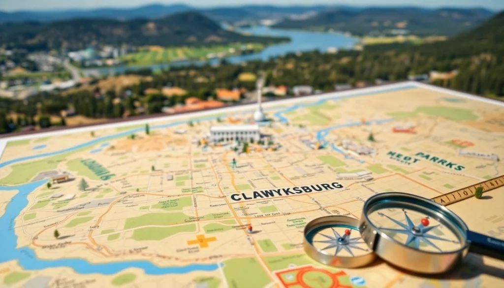 View of Clarksburg California map highlighting landmarks and terrain.