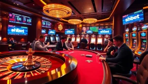 Engaged players betting at shbet casino table with vibrant poker chips and glowing slot machines.