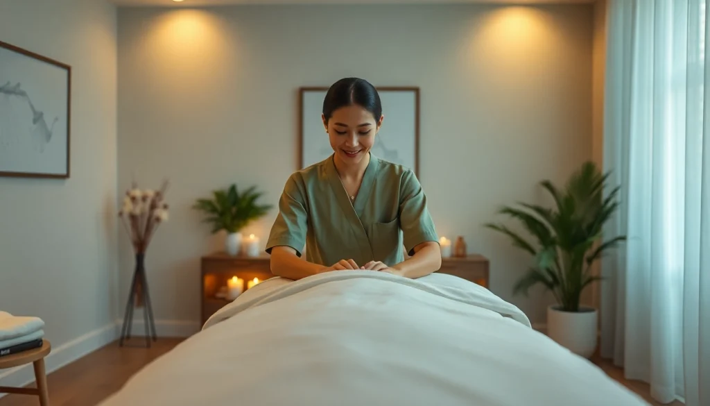 전문 태국 마사지 치료사가 진정 마사지를 준비하는 수원출장마사지의 편안한 장면.