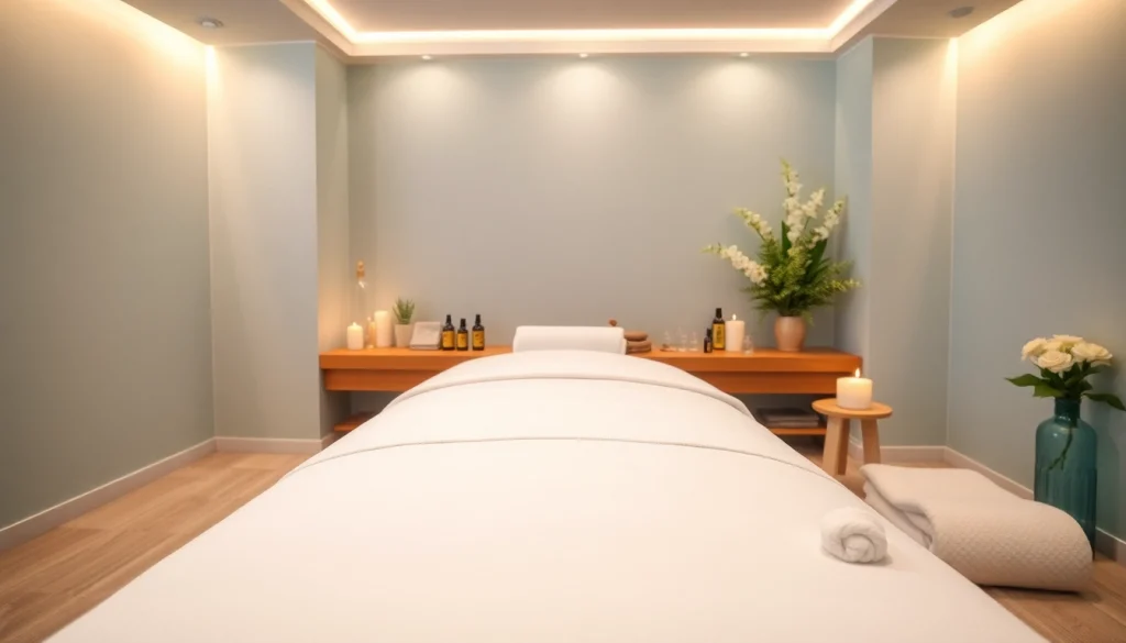 편안한 분위기와 차분한 장식이 있는 휴식 마사지 환경.