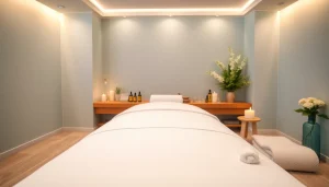 편안한 분위기와 차분한 장식이 있는 휴식 마사지 환경.