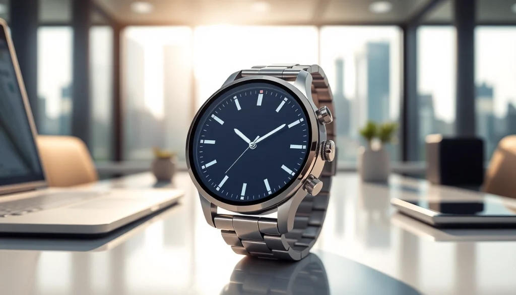 Showcasing the Finesse Smart Watch on a sleek desk highlighting its modern features and design.