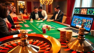 Vivez l'excitation du casino en ligne Français avec une scène de poker élégante mettant en vedette des joueurs professionnels.