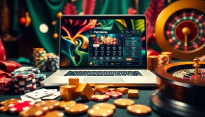 Casino en ligne Français avec des jetons de poker luxueux et une roue de roulette sur une interface de jeu élégante.