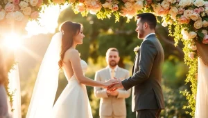 Stunning Carmel wedding photography of a couple under a floral archway exchanging vows.