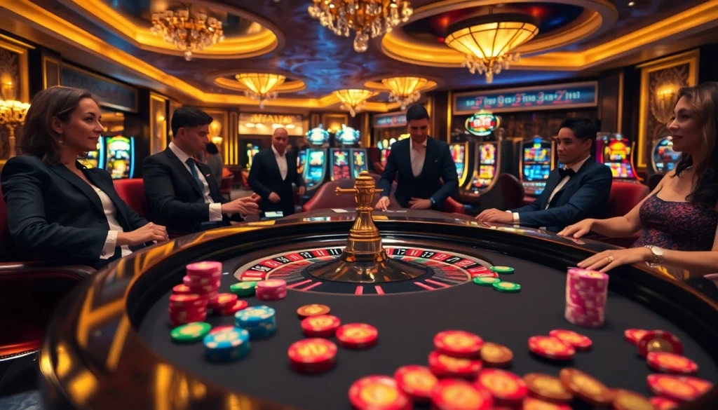 Joueurs enthousiastes à une table de roulette vivent des frissons de casino en ligne Français.
