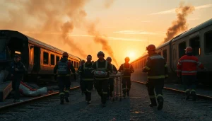 Emergency responders rescue victims at the spain train crash site amidst debris and destruction.