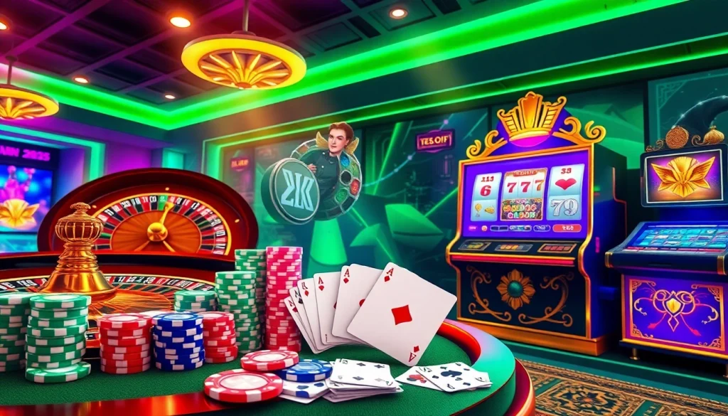 Scène captivante de casino en ligne Français mettant en vedette une roulette, des jetons de poker et des machines à sous vibrantes.