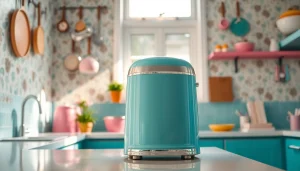 Retro appliance showcased in a vibrant kitchen setting with vintage decor elements.
