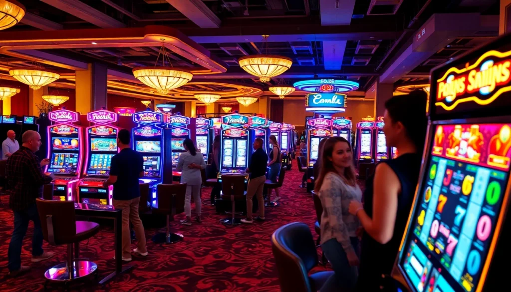 Players enjoying PG slot machines in a vibrant casino atmosphere filled with excitement.