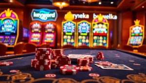 Adegan permainan yang mendebarkan menampilkan Aneka4D dengan meja kasino berwarna-warni, chip, dan mesin slot untuk pengalaman judi yang seru.