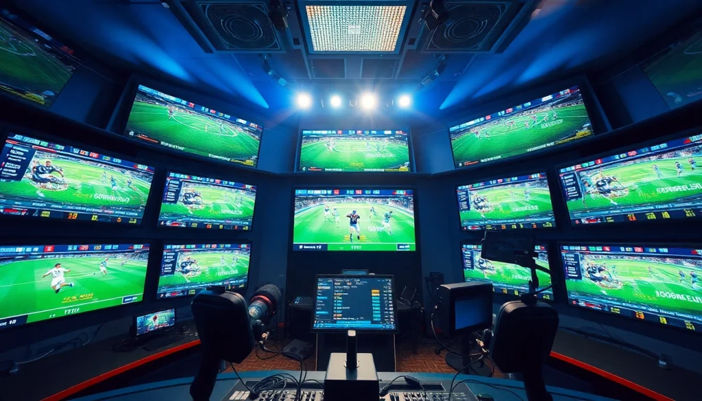 Live sports broadcasting studio showcasing 토토스토리 and dynamic betting odds.