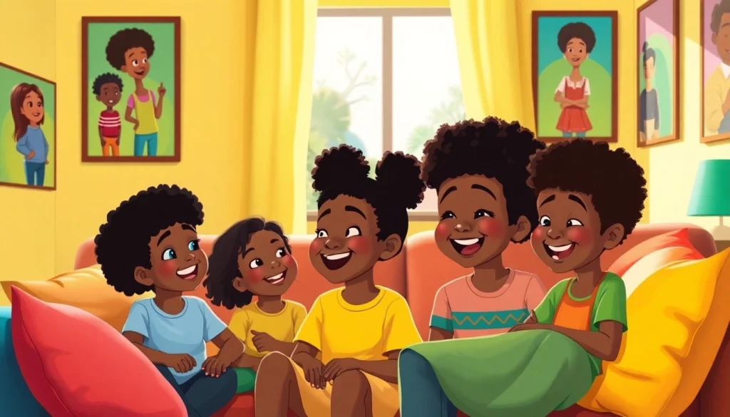 A group of children enjoying African American Cartoons in a cozy living room.