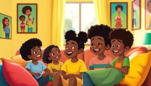 A group of children enjoying African American Cartoons in a cozy living room.