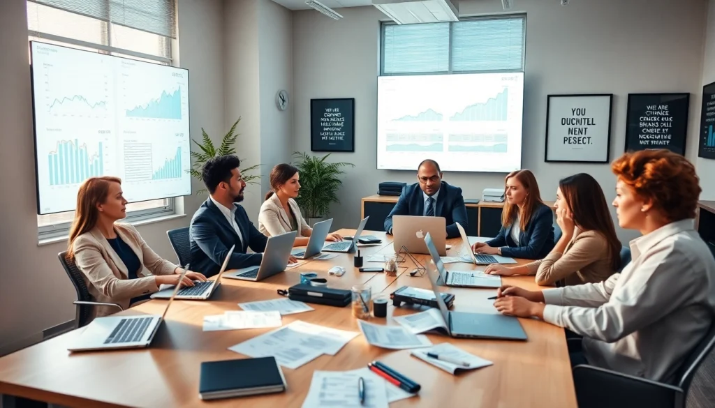 Księgowość w nowoczesnym biurze z profesjonalistami biznesowymi współpracującymi nad strategią finansową.