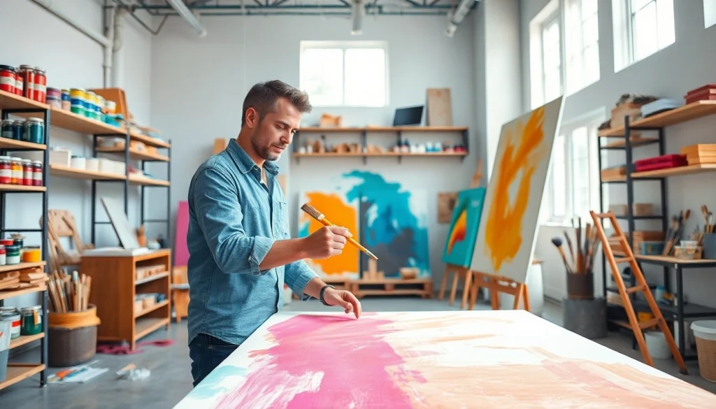 Painter engaged in a painting apprenticeship, showcasing artistry and tools in a bright studio.
