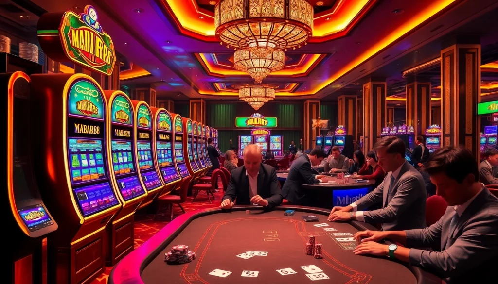 Mesin slot MABAR88 menyinari suasana kasino mewah yang dipenuhi pemain dan dealer yang antusias.