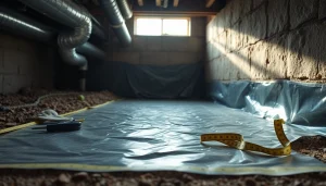 Vapor Barrier Installation process in a residential crawlspace with tools and natural light.