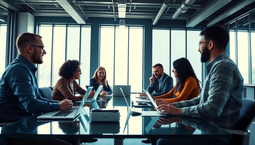 Team collaborating on CloudWalk solutions in a modern office setting, highlighting innovation.