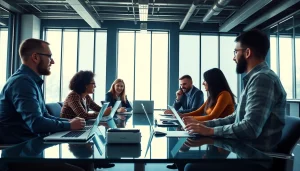 Team collaborating on CloudWalk solutions in a modern office setting, highlighting innovation.