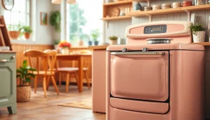 Retro Oven with vintage design in a cozy kitchen setting showcasing pastel colors and warm accents.