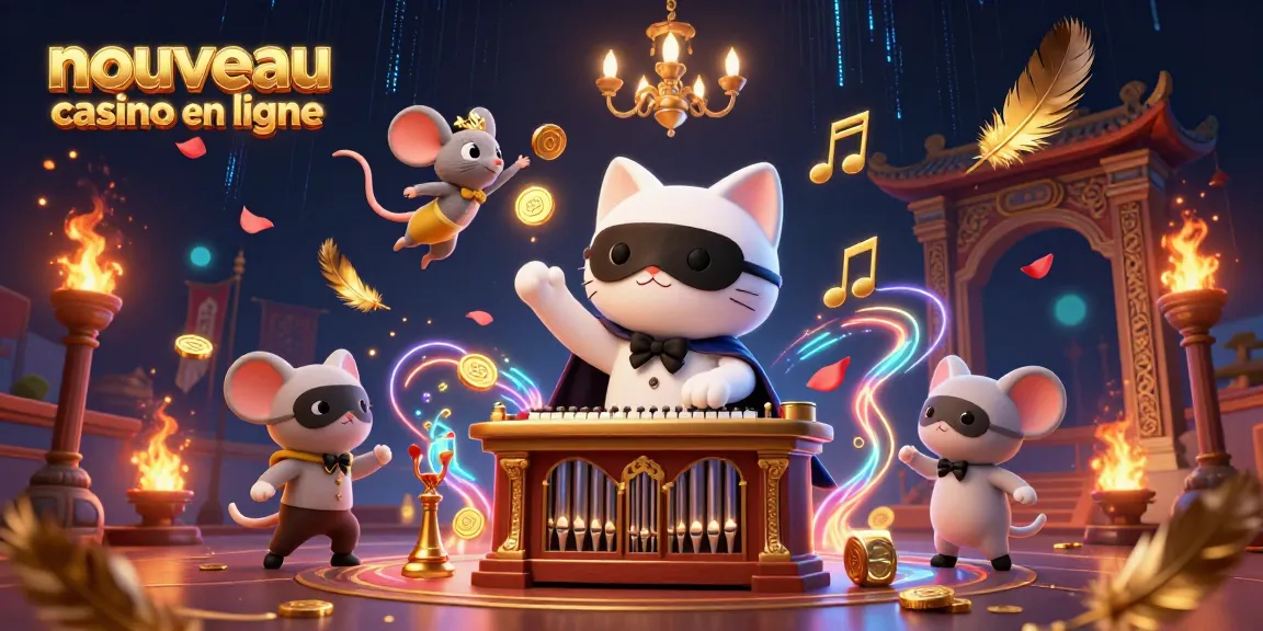 Une scène illustrant un nouveau casino en ligne avec un chat fantôme et une souris acrobate, entourés de jetons en or.