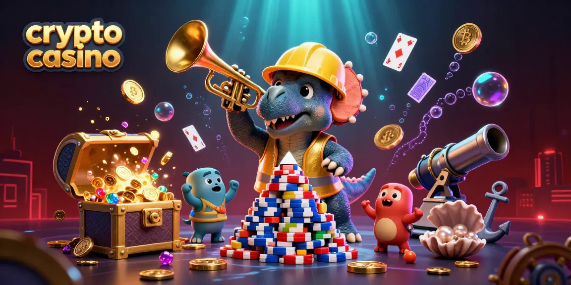 Scène dynamique d'un crypto casino avec un triceratops et des éléments de jeu colorés.