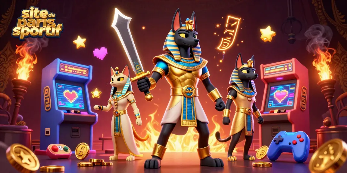 Pariez sur un site de paris sportif avec l'Anubis et Bastet entourés de symboles de jeu.